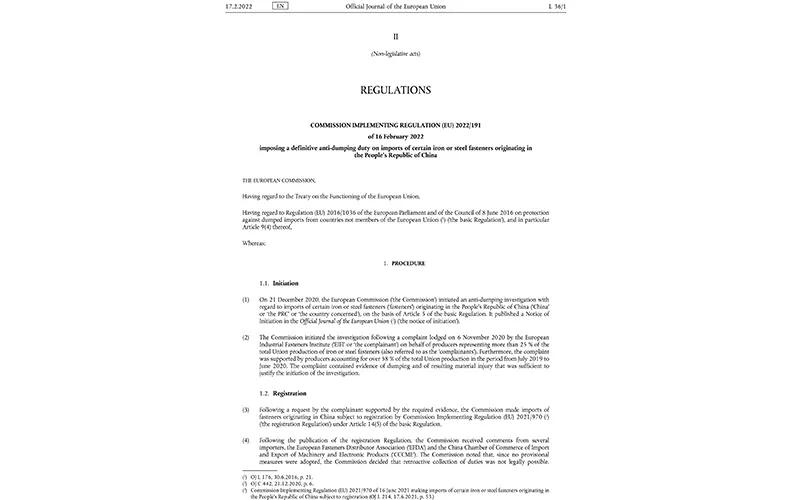 Verdetto finale! L'UE impone dazi antidumping dal 22,1% all'86,5% sugli elementi di fissaggio in acciaio cinesi